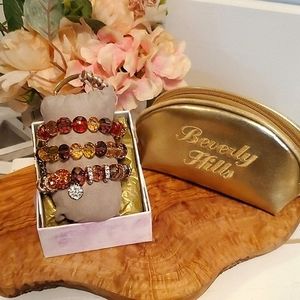 NEW Beverly Hills Cosmetic Bag & Handmade Multi Colored Beaded Boho Bracelets